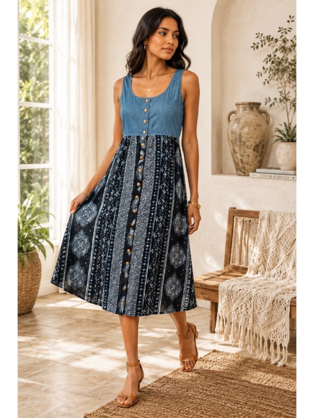 TFLA Denim & Patchwork Maxi Dress Women Medium Blue Black Boho Button Front Rayo